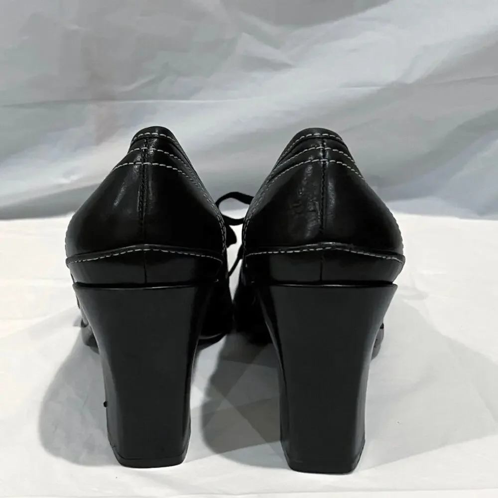 Vintage 90s Lace Up Oxford Size 8.5 Black Leather Square Toe Heels VS Macbeth - Picture 4 of 15